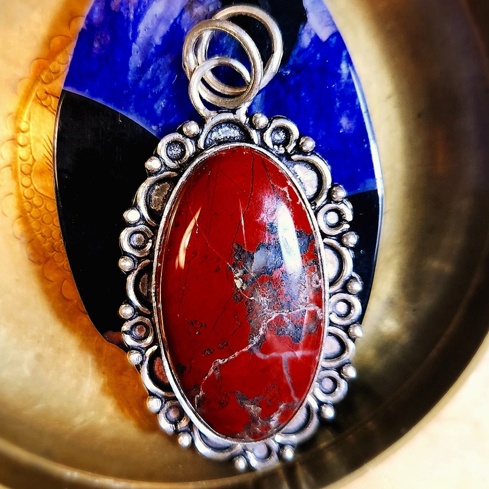 XL, Red And Black Natural Jasper Cabochon Pendant. Has A Great Setting.